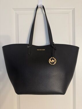 Michael Kors Black Pebbled Leather Tote with Gold MK Charm
